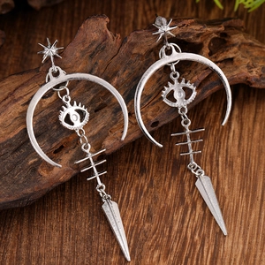 Gothic silver crescent moon devil eye long earrings with punk star and arrow charms