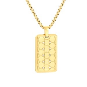 Collier en acier titane doré avec pendentif carré à motif nid d'abeille et cristaux incrustés