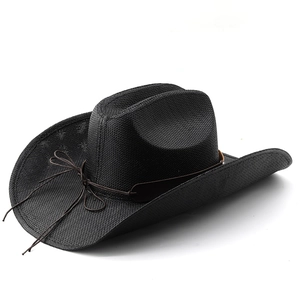Detailed weave texture of a black breathable cowboy hat with dark brown bow tie cord