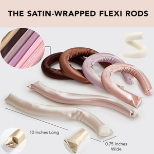Detail of 10-inch satin-wrapped flexi rods showing multi-color silk texture and dimensions