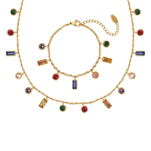 Rainbow Zircon Necklace And Bracelet Titanium Steel Gold Plated Geometric Light Luxury Niche Jewelry For Women