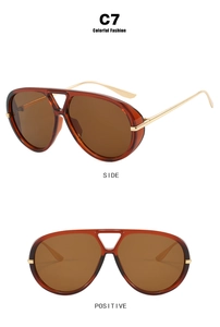 Side and front view of brown pilot sunglasses with gold metal temples and thick frame