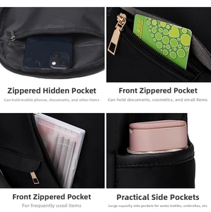 Detail showing multi-pocket design with metal zippers and spacious side pockets for storage