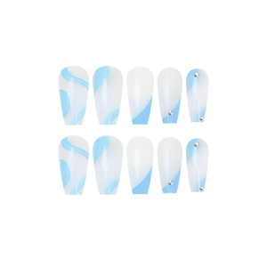 Blue and white marble ballet press-on nails with small rhinestones in long coffin shape