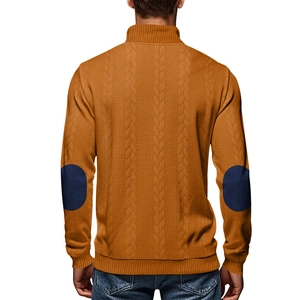 Detailed back view of men's cable knit sweater with dark blue oval elbow patches