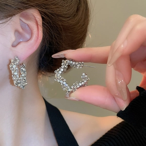 Detailed view of silver pavé crystal hoop earrings worn to show elegant style and size