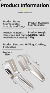 Detailed size and weight specs of the 304 stainless steel spatula tongs with slotted design