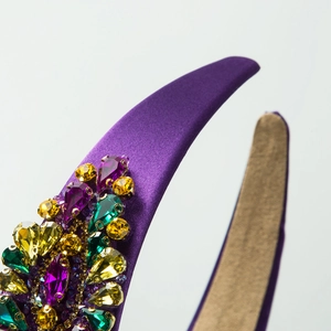 Baroque purple satin headband with colorful rhinestones and luxurious gemstone embellishments