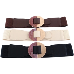 Elastic waist belts with vintage round marble and gold buckles in black, beige, and brown