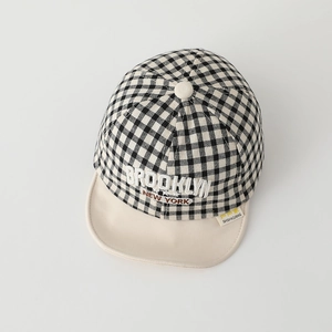 Kids plaid baseball cap with Brooklyn New York embroidery and cream soft brim