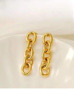 Close-up of gold chain link earrings on white ceramic plate with soft fabric background