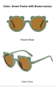 Detail of green bear-shaped children sunglasses with retro round tea lenses from dual views