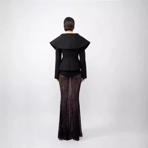 Elegant women's black structured jacket dress with exquisite lace skirt detail