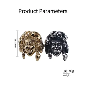 Punk Medusa head titanium steel rings in gold and silver finish with embossed details