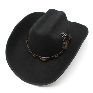 Black wool western cowboy hat with leather band and spotted feather decoration