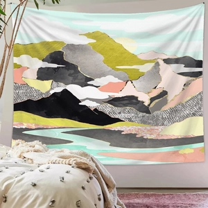 Detail of abstract landscape tapestry with textured mountain pattern on soft fabric