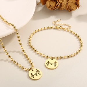 Golden titanium steel family necklace and bracelet set with round silhouette pendant