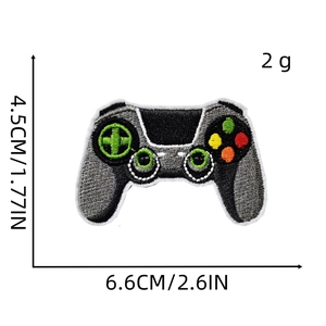 Embroidered video game controller patch with dimensions 6.6cm x 4.5cm on white background