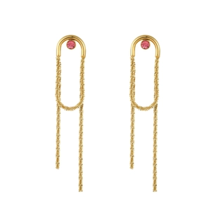 Elegant gold titanium steel star drop earrings with pink rhinestones on a white background