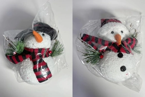 Glow snowman figurine with red black plaid scarf and lighted body in package
