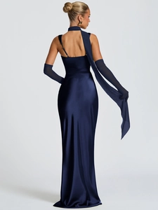 Elegant navy blue satin evening dress with corset bodice, long streamers and matching gloves