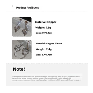 Size chart for silver snake earrings with copper material and cubic zirconia details