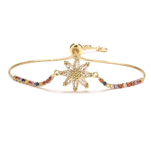Elegant gold flower bracelet with colorful zircons and adjustable drawstring chain