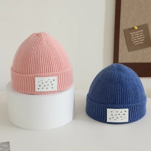 Vertical striped candy color knit beanie for kids with letter patch and folded brim design
