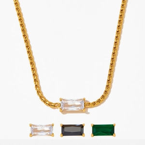 Gold-plated stainless steel chain necklace featuring a rectangular cut gemstone pendant