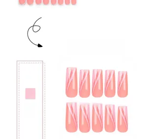 Detail of pink gradient press-on nails with white stripes and glitter powder finish