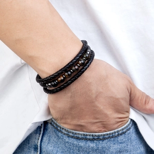 Multilayer leather wrap bracelet with natural brown stone beads for men's fashion