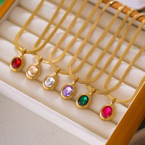 Golden stainless steel snake chain necklaces with various colorful oval zircon pendants