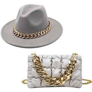 British style gray wool felt jazz hat and matching quilted handbag with gold chain set
