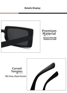 Detail view of glossy square sunglasses with grey lenses and curved temples for stability