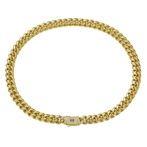 Detail of 14K gold plated Cuban link chain with a diamond-encrusted square clasp