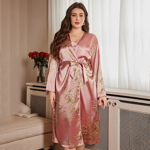 Damen zweiteiliges Set aus Seidensatin Bademantel mit Blumenmuster und Kleid in Rosa
