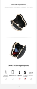 Detailed interior of heart shaped rhinestone clutch showing capacity for lipstick and makeup