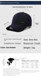 Detailed size chart showing baseball cap dimensions including 56-60cm circumference