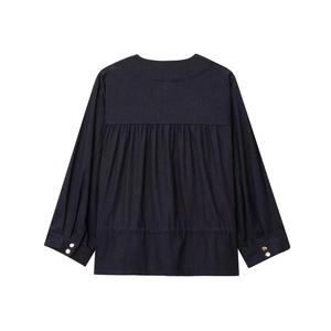 Navy blue linen blend safari jacket for women showing back view with pleated detailing