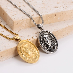 Vintage oval St. Anthony portrait pendant necklace in gold and silver finish