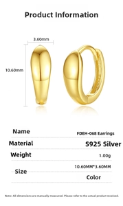 Technical dimensions of teardrop S925 sterling silver huggie earrings with gold finish