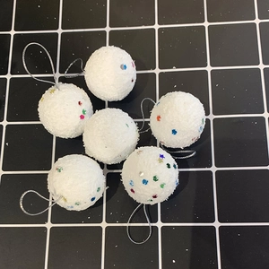Set of 6 white glittery foam snowballs with silver strings for Christmas tree decoration