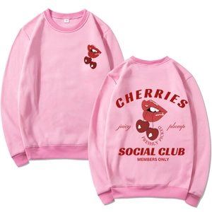 Pink Halloween crewneck sweatshirt with cherry lips print shown in front and back view