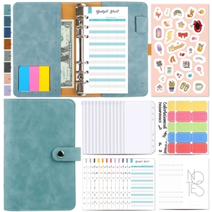 Blue A6 PU leather budget binder set with clear zipper envelopes and stickers