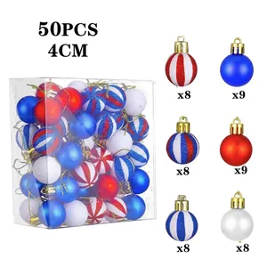 Set of 50 USA flag theme 4cm Christmas balls with red white and blue glitter patterns
