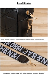 Détails du sac matelassé noir avec finitions dorées et large bandoulière brodée
