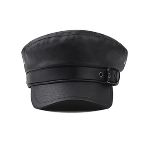 Classic black PU leather military cap for women with adjustable decorative strap and buckle