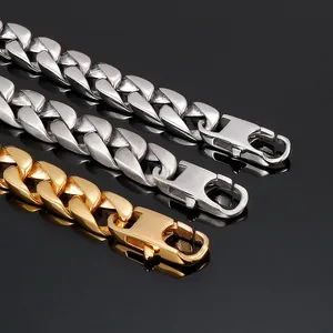 Three gold and silver stainless steel flat Cuban link chains with square clasp closures