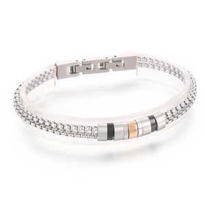Bracelet hip hop pour homme en acier inoxydable avec chaîne double et anneaux tricolores