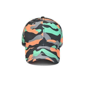 Detailed front view of a vibrant orange camouflage cotton baseball cap with six panels
